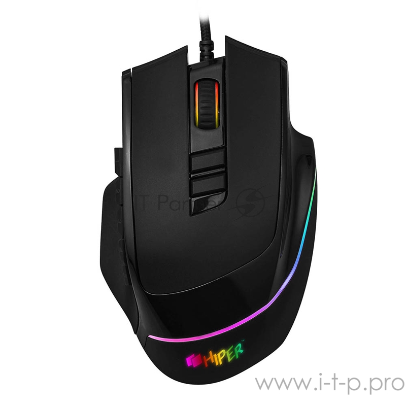 Игровая мышь чёрная HIPER Quantum Q-M1 (USB, 10 кнопок, 7200 dpi, сменные панели, RGB подсветка)