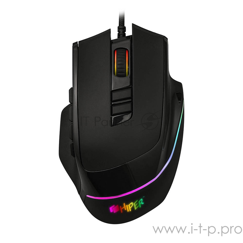 Игровая мышь чёрная HIPER Quantum Q-M1 (USB, 10 кнопок, 7200 dpi, сменные панели, RGB подсветка)