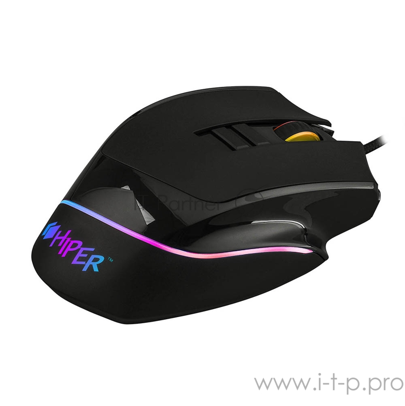 Игровая мышь чёрная HIPER Quantum Q-M1 (USB, 10 кнопок, 7200 dpi, сменные панели, RGB подсветка)