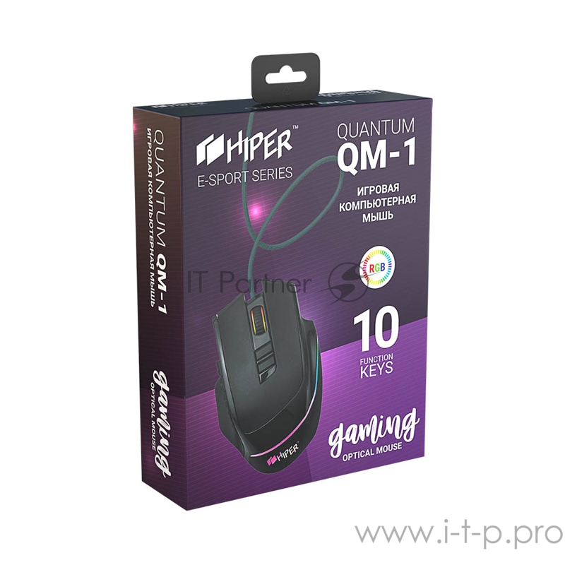 Игровая мышь чёрная HIPER Quantum Q-M1 (USB, 10 кнопок, 7200 dpi, сменные панели, RGB подсветка)