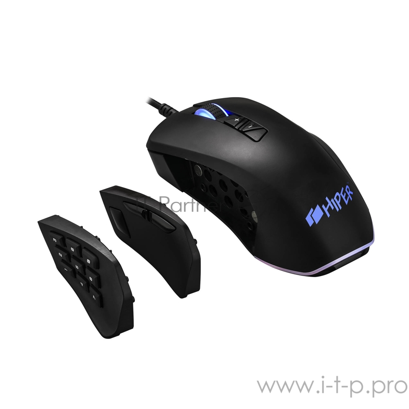 Игровая мышь чёрная HIPER Quantum Q-M2 (USB, 9 кнопок, 6400 dpi, сменные панели)