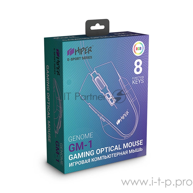 Игровая мышь чёрная HIPER Genome GM-1 (USB, 7 кнопок, 4800 dpi, RGB подсветка)