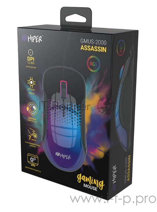 Игровая мышь HIPER GMUS-2000 ASASSIN чёрная (USB, 7 кнопок, 12000 dpi, SPCP6662, Huano white, RGB подсветка)