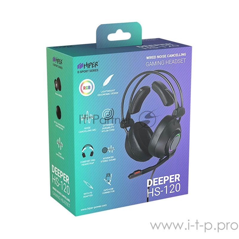 Игровая гарнитура черная HIPER Deeper (jack 3.5 мм, 50 мм, RGB подсветка)