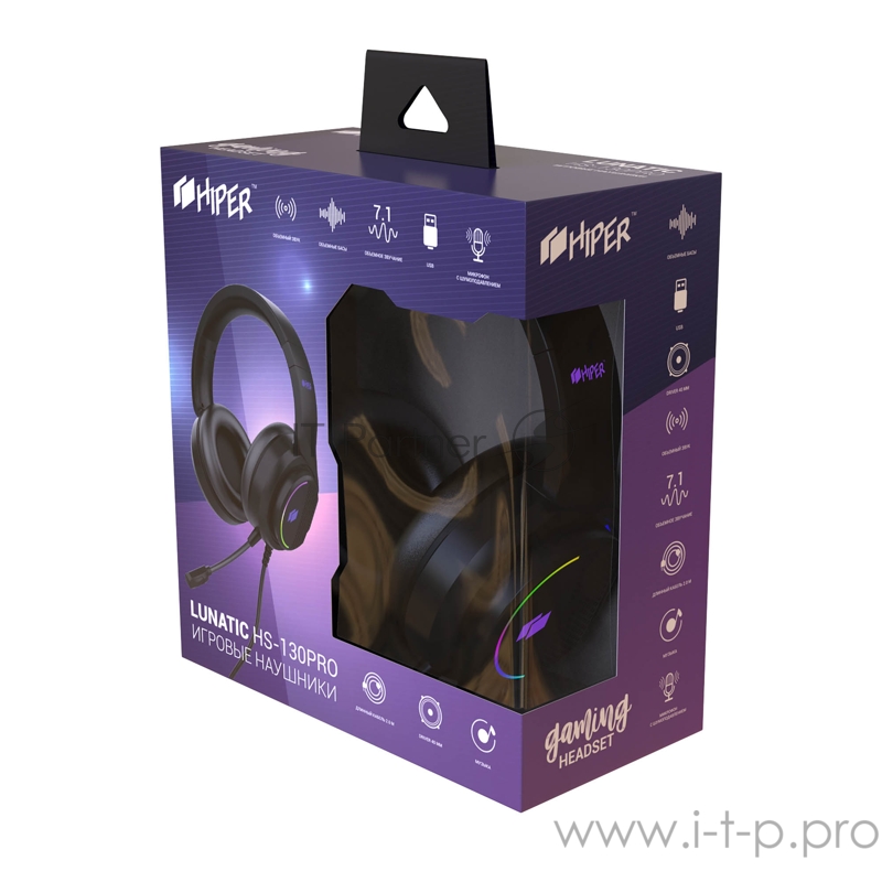 Игровая гарнитура чёрная HIPER Lunatic (7.1, 40 мм, USB, RGB подсветка)