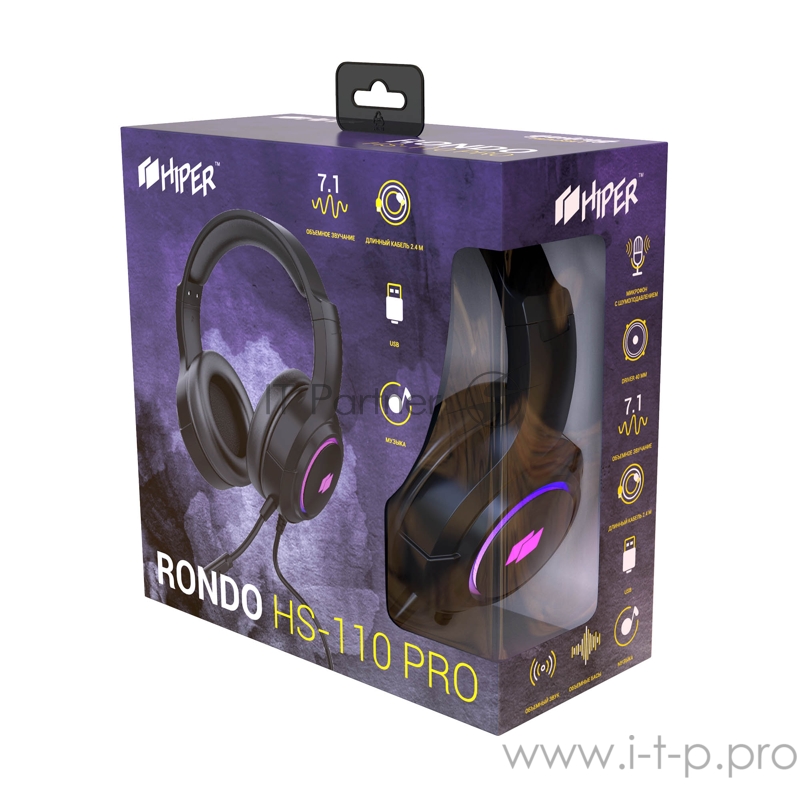 Игровая гарнитура чёрная HIPER HS-110PRO Rondo (7.1, 50 мм, USB, RGB подсветка)