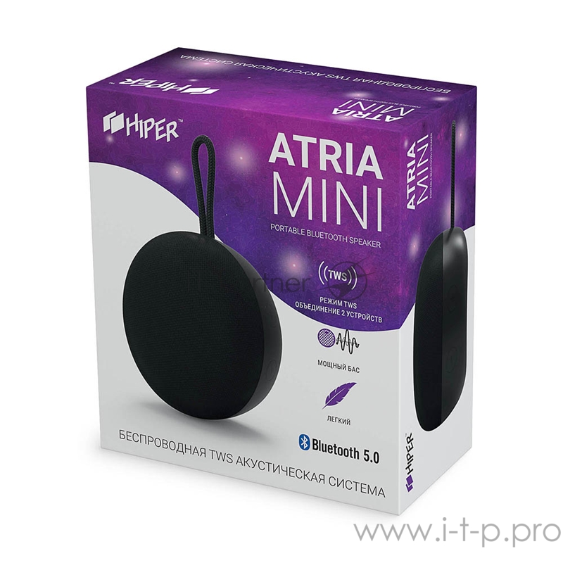 Активная акустическая система HIPER Atria Mini Black H-OT1, 3 ВТ,130 Гц - 18 кГц,800 мАч, BT 5.0,Hands-free,Micro-USB
