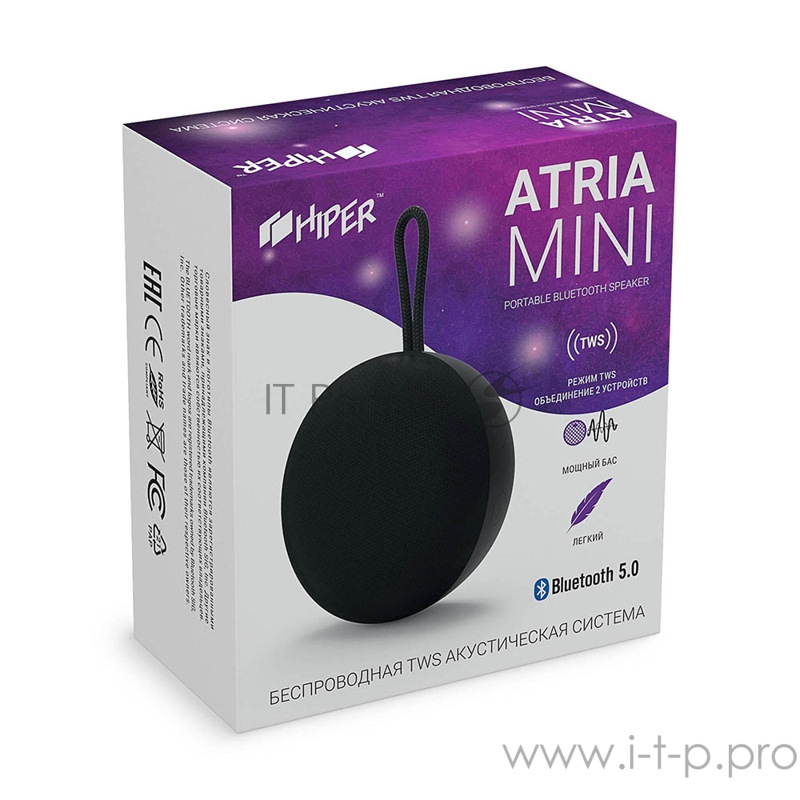 Активная акустическая система HIPER Atria Mini Black H-OT1, 3 ВТ,130 Гц - 18 кГц,800 мАч, BT 5.0,Hands-free,Micro-USB