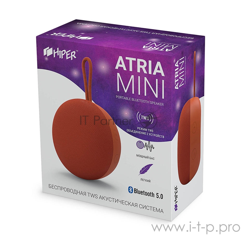 Активная акустическая система HIPER Atria Mini Orange H-OT1, 3 ВТ,130 Гц - 18 кГц,800 мАч, BT 5.0,Hands-free,Micro-USB