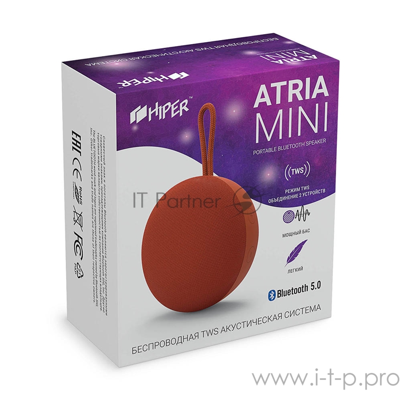 Активная акустическая система HIPER Atria Mini Orange H-OT1, 3 ВТ,130 Гц - 18 кГц,800 мАч, BT 5.0,Hands-free,Micro-USB