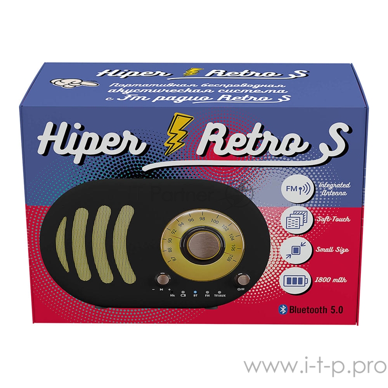 Активная акустическая система HIPER RETRO S Black, H-OT4, 5 ВТ,60 Гц - 18 кГц,1800 мАч, BT 5,0,Hands-free,Micro-USB