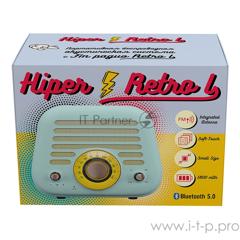 Активная акустическая система HIPER RETRO L Cyan, H-OT5, 5 ВТ,60 Гц - 18 кГц,1800 мАч, BT 5,0,Hands-free,Micro-USB