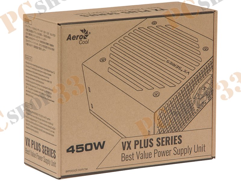 Блок питания 450Вт Aerocool VX-450 PLUS ATX12V V2.3 (20/24+4/8+6/8pin, вентилятор d120мм) + кабель питания EURO (1.1м)