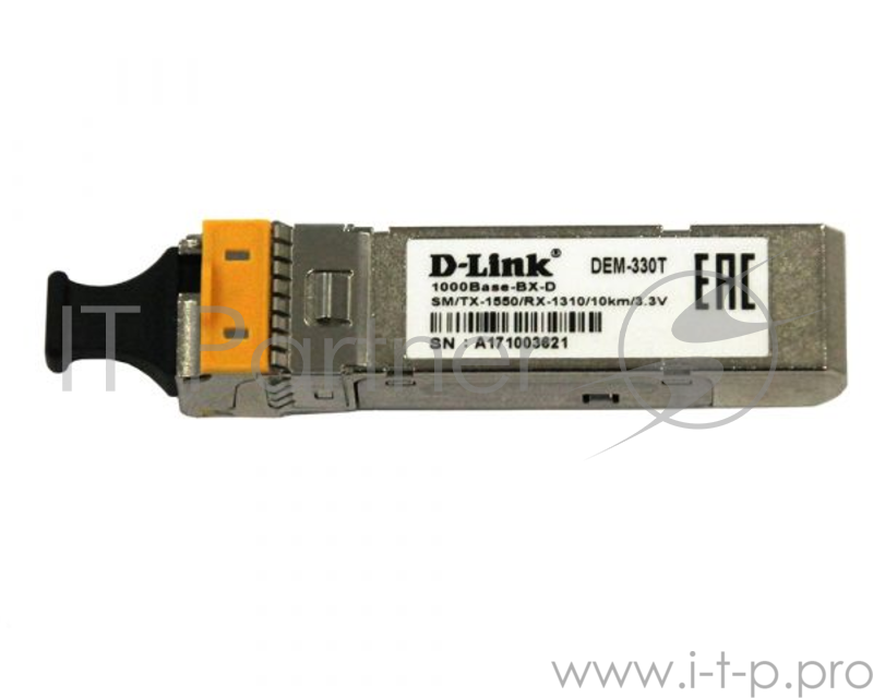 D-Link 330T/3KM/A1A, WDM SFP Transceiver with 1 1000Base-BX-U port.Up to 3km, single-mode Fiber, Simplex LC connector, Transmitting and Receiving wav