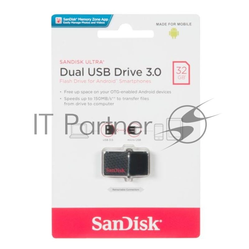 Накопитель USB flash 32ГБ SanDisk Ultra Dual 3.0 OTG, черный (USB3.0)