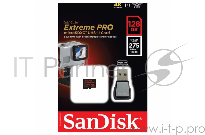 Карта памяти Micro SecureDigital 128Gb SanDisk SDSQXPJ-128G-GN6M3 {MicroSDXC Class 10 UHS-I, U3 Extreme Pro, SD adapter, USB3.0 Reader}