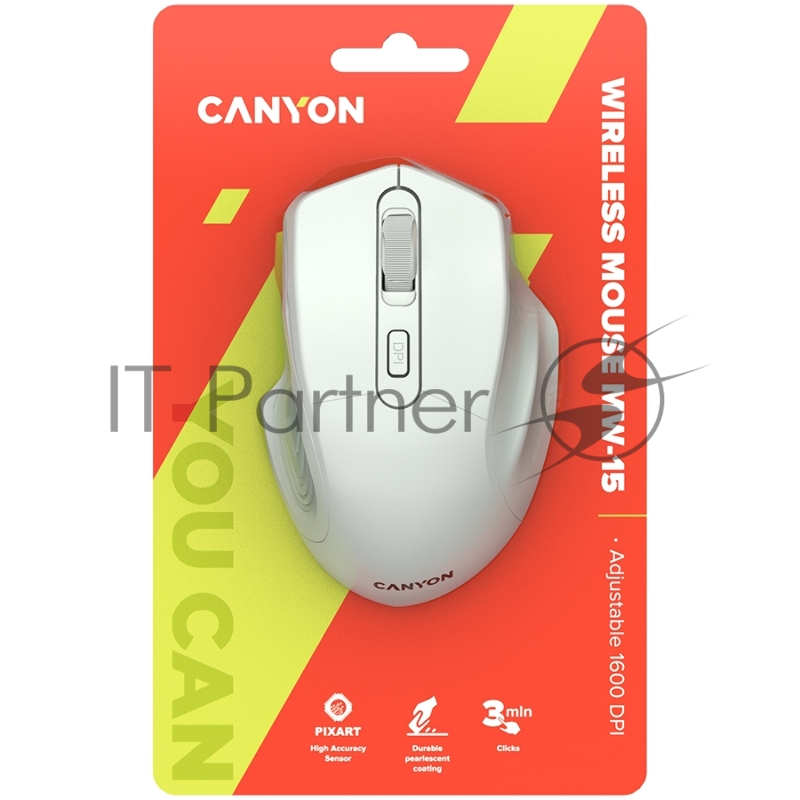 Мышь CANYON 2.4GHz Wireless Optical Mouse with 4 buttons, DPI 800/1200/1600, Pearl white, 115*77*38mm, 0.064kg