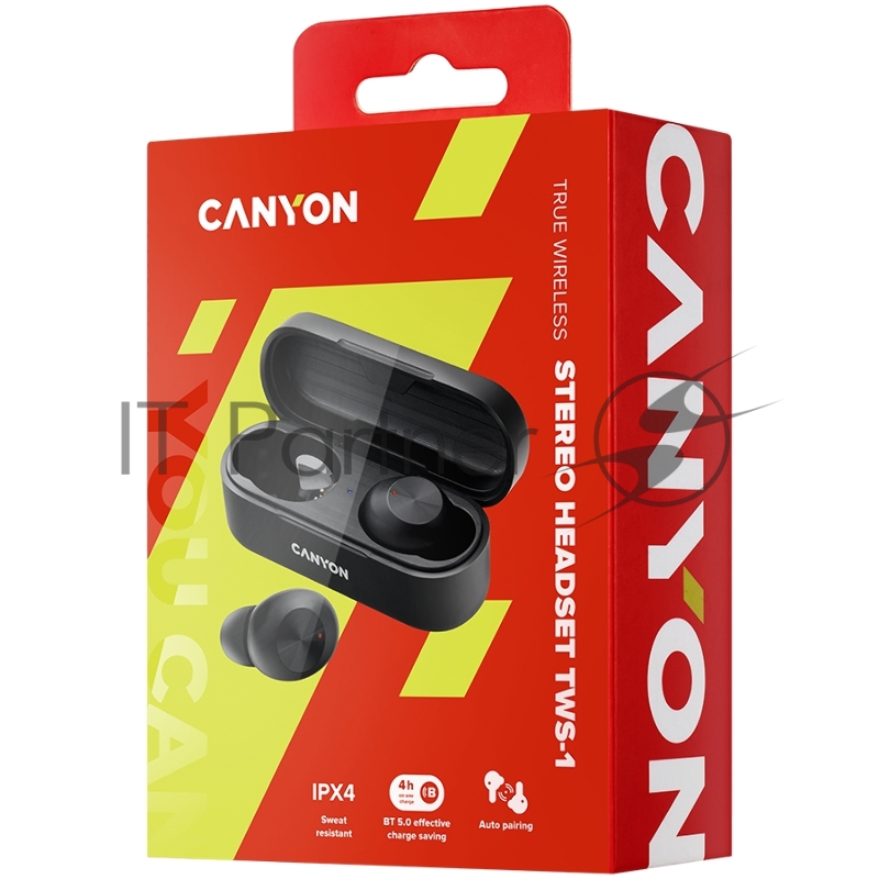 Гарнитура Canyon TWS-1 Bluetooth headset, with microphone, BT V5.0, Bluetrum AB5376A2, battery EarBud 45mAh*2+Charging Case 300mAh, cable length 0.3m, 66*28*24mm, 0.04kg, Black