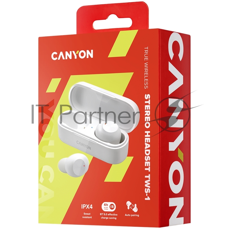 Гарнитура Canyon TWS-1 Bluetooth headset, with microphone, BT V5.0, Bluetrum AB5376A2, battery EarBud 45mAh*2+Charging Case 300mAh, cable length 0.3m, 66*28*24mm, 0.04kg, White