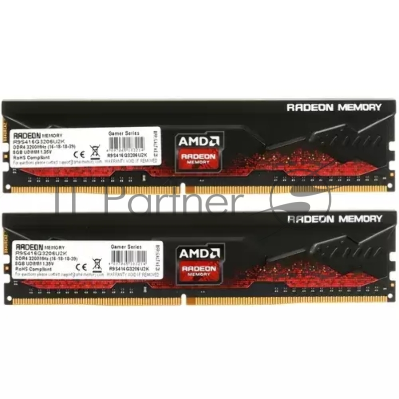 Модуль памяти 16GB AMD Radeon™ DDR4 3200 DIMM R9 Gamers Series Black Gaming Memory R9S416G3206U2K Non-ECC, CL16, 1.35V, Heat Shield, Kit (2x8GB), RTL