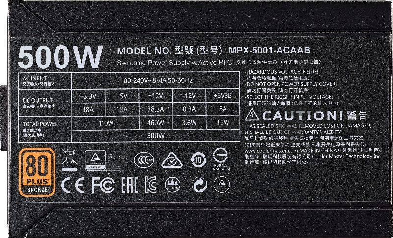 Блок питания Cooler Master MWE Bronze, 500W, ATX, 120mm, 6xSATA, 2xPCI-E(6+2), APFC, 80+ Bronze MPE-5001-ACAAB-EU