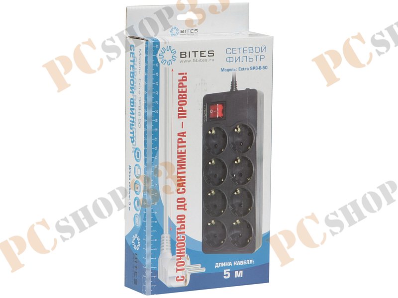 Сетевой фильтр 5bites SP8-B-50 Сетевой фильтр 5bites EXTRA 8 розеток, 3x0.75mm2, 5м, черный