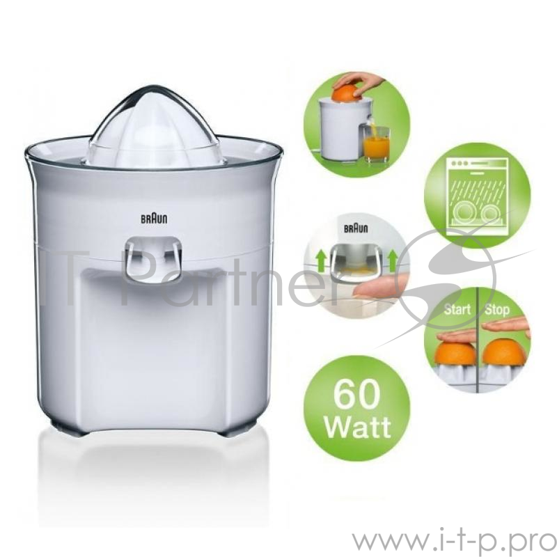 Соковыжималка для цитрусовых BRAUN CJ-3050 (Мощность 60 Вт. Система прямой подачи сока. Система капля-стоп. Материал корпуса пластик. Импульсный режим.)