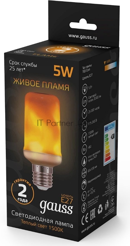 GAUSS 157402105 Светодиодная лампа LED T65 Flame 5W E27 20-80lm 1500K 1/10/100