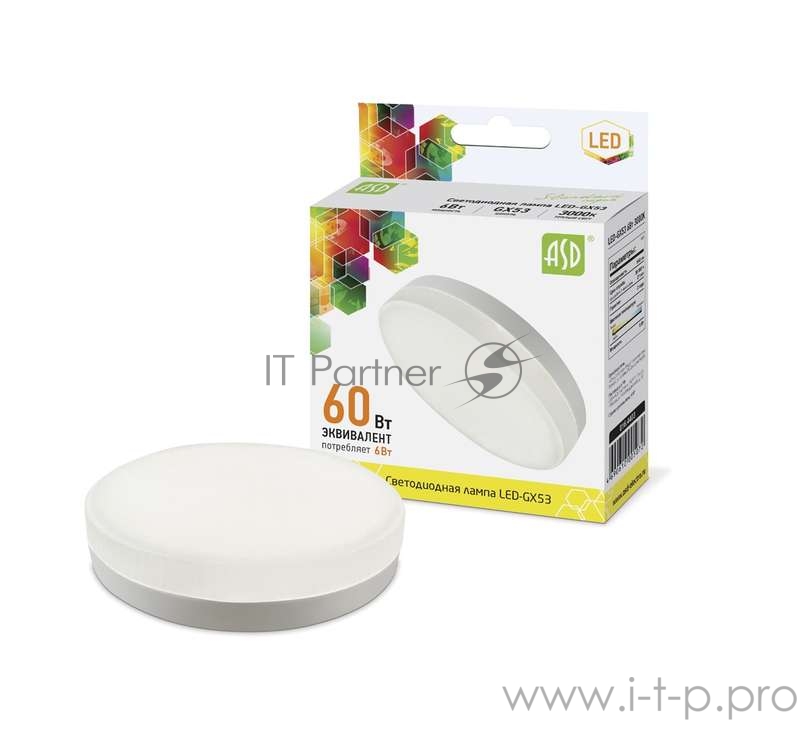 Лампа светодиодная LED-GX53-standard 6Вт таблетка 3000К тепл. бел. GX53 540лм 160-260В ASD 4690612005072