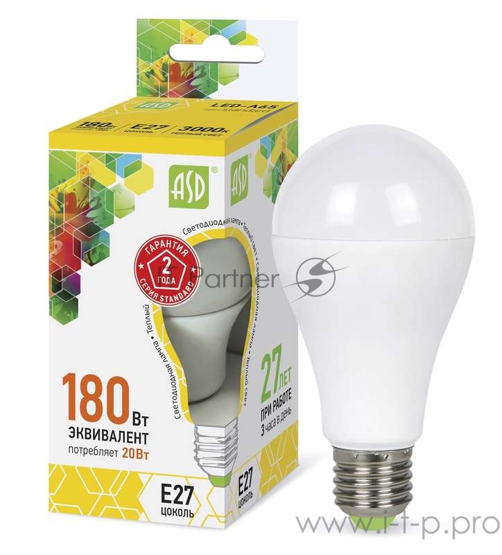 Лампа светодиодная LED-A60-standard 20Вт грушевидная 3000К тепл. бел. E27 1800лм 160-260В ASD 4690612004198