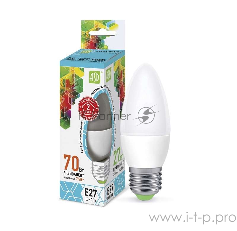 Лампа светодиодная LED-свеча-standard 7.5Вт свеча 4000К белый E27 675лм 160-260В ASD 4690612003955
