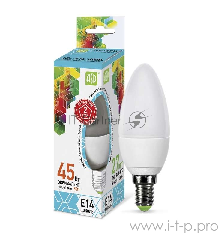 Лампа светодиодная LED-свеча-standard 5Вт свеча 4000К белый E14 450лм 160-260В ASD 4690612002224