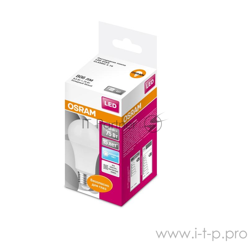 Лампа светодиодная LED STAR CLASSIC A 75 8.5W/840 8.5Вт грушевидная 4000К нейтр. бел. E27 806лм 220-240В матов. пласт. OSRAM 4058075086647