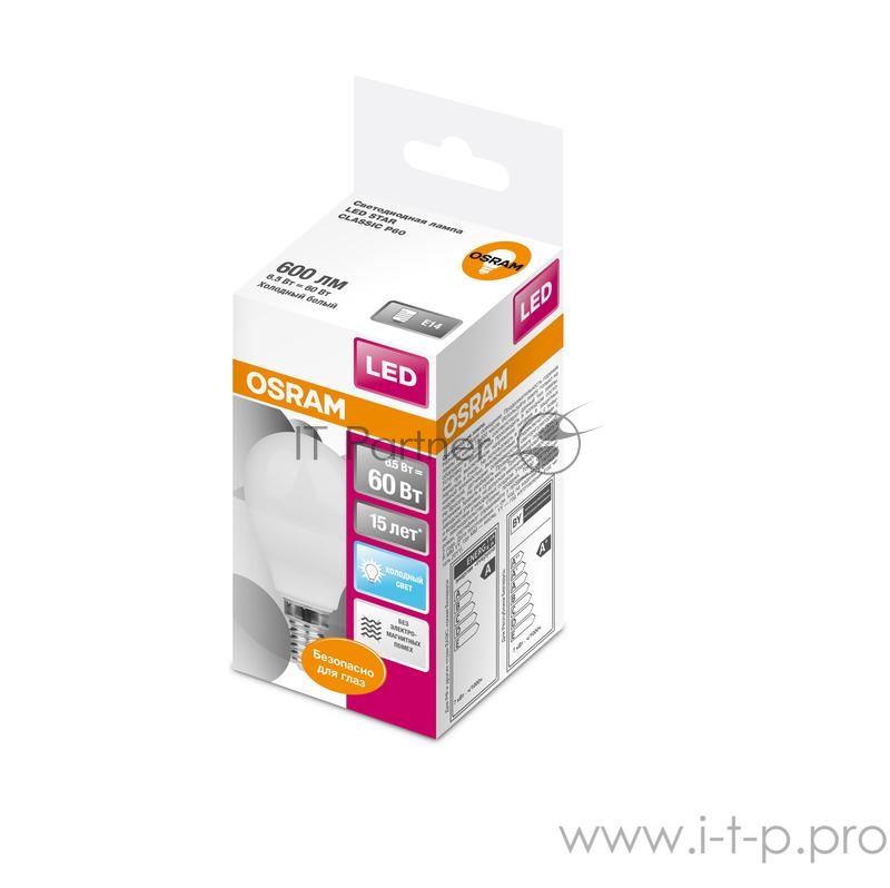Лампа светодиодная LED STAR CLASSIC P 60 6.5W/840 6.5Вт шар 4000К нейтр. бел. E14 550лм 220-240В матов. пласт. OSRAM 4058075134263