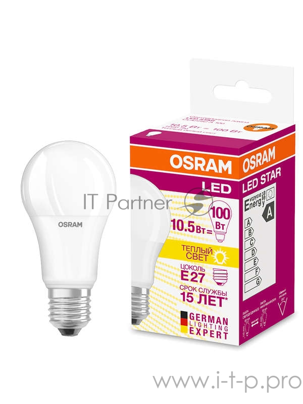 Лампа светодиодная LED STAR CLASSIC A 100 10W/827 10Вт грушевидная 2700К тепл. бел. E27 1060лм 220-240В матов. пласт. OSRAM 4052899971578