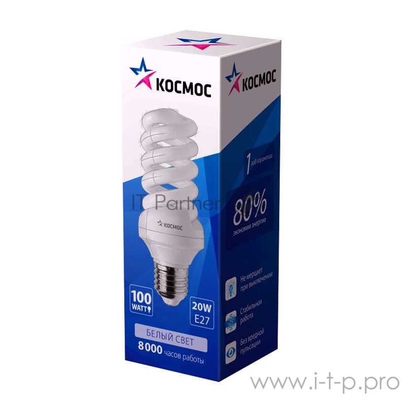 Лампа люминесцентная компакт. SPC 20Вт E27 спиральная 4000К Т3 КОСМОС LKsmSPC20wE2742