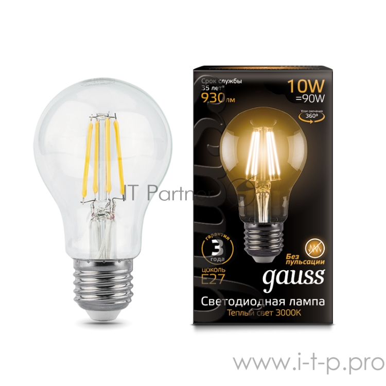 GAUSS 102802110 Светодиодная лампа LED Filament A60 E27 10W 930lm 2700К 1/10/40