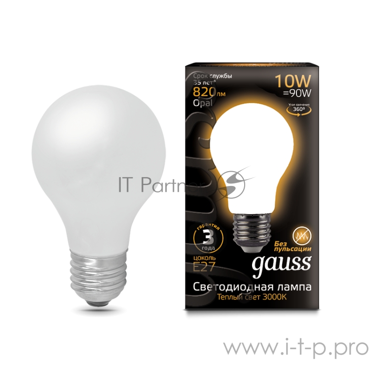 GAUSS 102202110 Светодиодная лампа LED Filament A60 OPAL E27 10W 820lm 2700К 1/10/40
