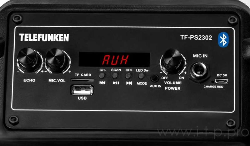 Музыкальный центр Telefunken TF-PS2302 (черный)Speaker:8 *1+twitter 1 Выходная мощность:60W BT версия 5,0 Func:USB,TF,FM,BLUETOOTH With lithium battery 3.7V/2600mah Пульт, LED дисплей, адаптер Размер устройства 230* H435*W260mm