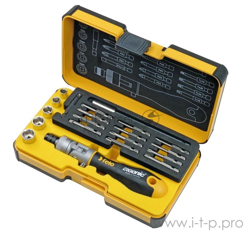 Набор бит SL/PH/PZ/Tx и головок с поворотной трещоткой Ergonic K (в кейсе 20шт) Felo 06072006