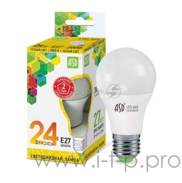 Лампа светодиодная LED-A60-standard 24Вт грушевидная 230В E27 3000К 2160лм ASD 4690612014265