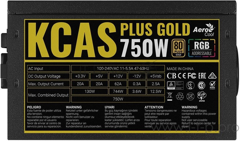 Блок питания Aerocool KCAS PLUS GOLD 750W <750W, ATX v2.4, APFC, Fan ARGB 12cm, 80+ Gold, Retail>