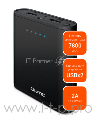 Портативное зарядное устройство Qumo PowerAid 7800, 7800 мА-ч, 2 USB 1A+2A, вход 1А, черный, корпус ABS пластик