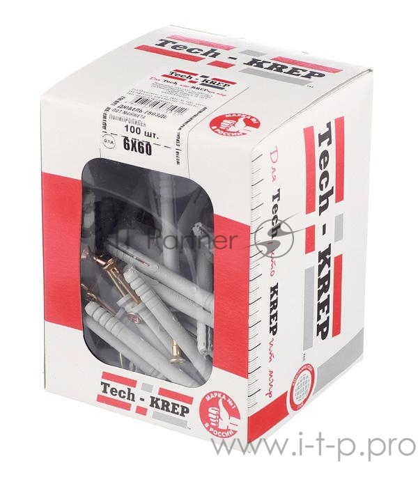 Дюбель-гвоздь 6х60 с потайной манжетой полипропилен (уп.40шт) коробка Tech-Krep 112712