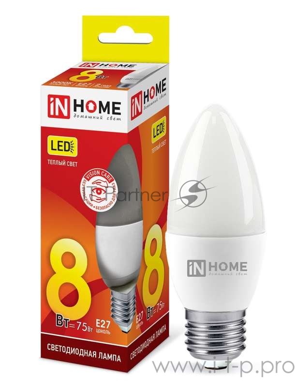 Лампа светодиодная LED-СВЕЧА-VC 8Вт 230В E27 3000К 720лм IN HOME 4690612020440