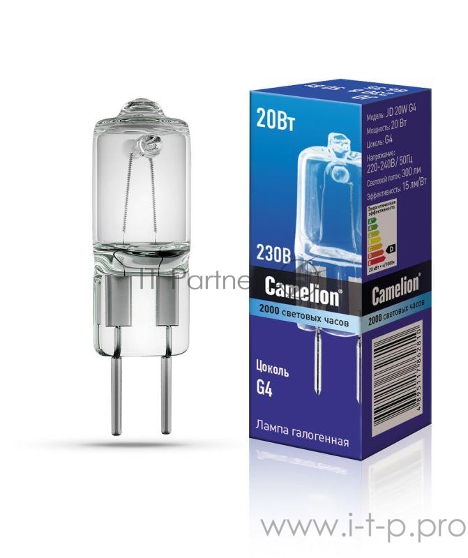 Лампа галогенная JD 20Вт капсула g4 2850К 240В g4 Camelion 10405