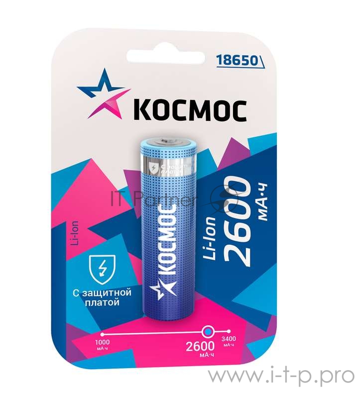 Аккумулятор Li-ion 18650 2600мА.ч с защитой (блист.1шт) Космос KOC18650Li-ion26PBL1