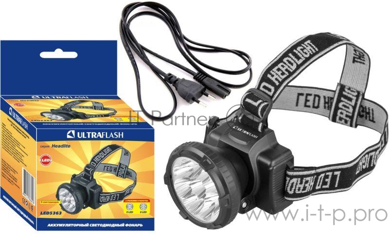 Фонарь налобный аккумуляторный LED 5363 (220В 9LED 2 режима черн.) Ultraflash 11257