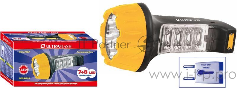 Фонарь LED3818 (аккум 220В черн./жел. 7+8 LED 2 режима SLA) Ultraflash 10973