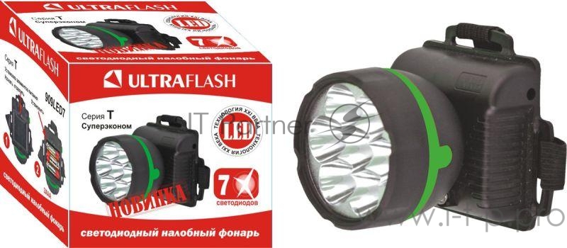 Фонарь налобный 909LED7 (7LED 1 режим 3хR6 черн.) Ultraflash 11782